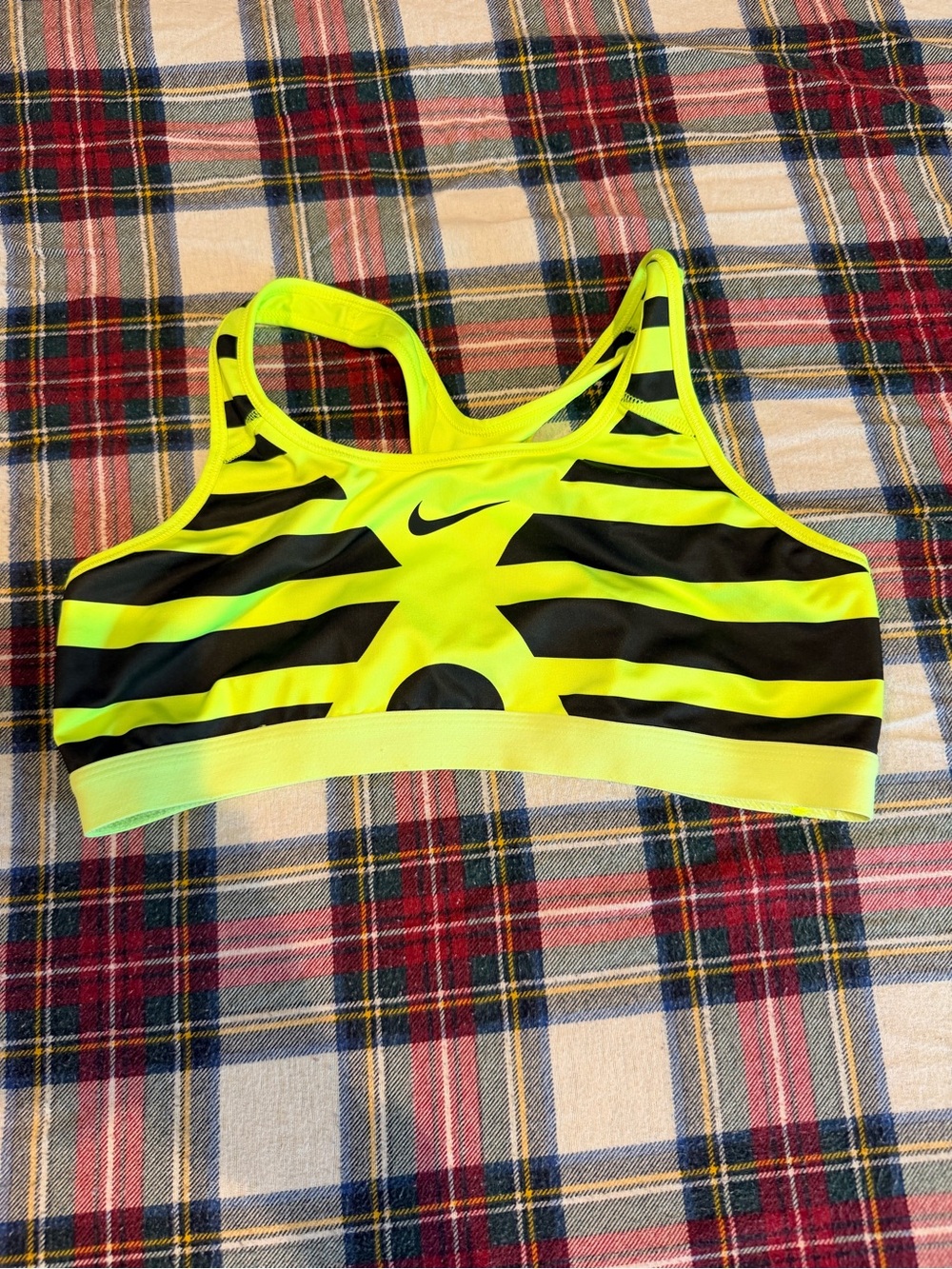 Nike Neon Yellow and Black Striped Racerback Sports Bra